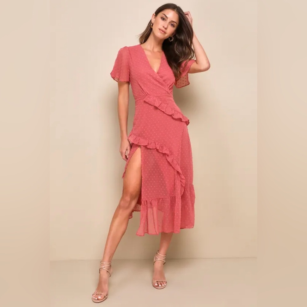 LULUS- Next to You Rusty Rose Swiss Dot Ruffled Midi Dress - size medium